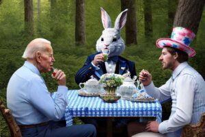 Joe Biden having tea with the Mad Hatter and a rabbit